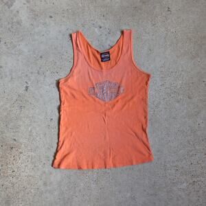Vintage Harley-Davidson Orange Glitter Logo Tank Top Y2K Biker Moto Size M